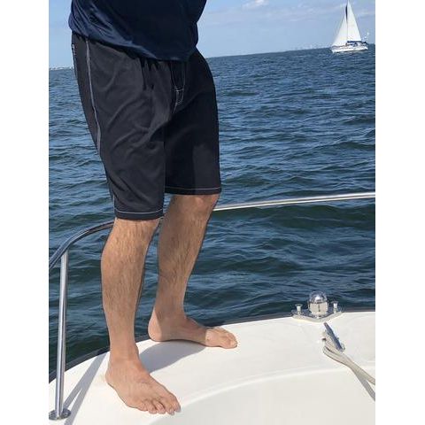 Men's Elastic Waist Board Shorts w/ on-seam Pockets (Select Custom Outseam 17" - 30") Black w/white stitching. - Board Shorts World