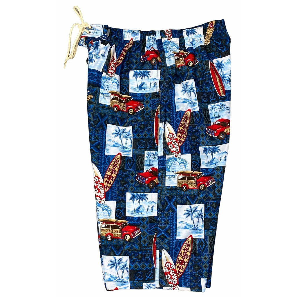 "Postcards" (Blue) Men's Elastic Waist Board Shorts w/Side Seam Pockets (Select Custom Outseam 17" to 30") - Board Shorts World