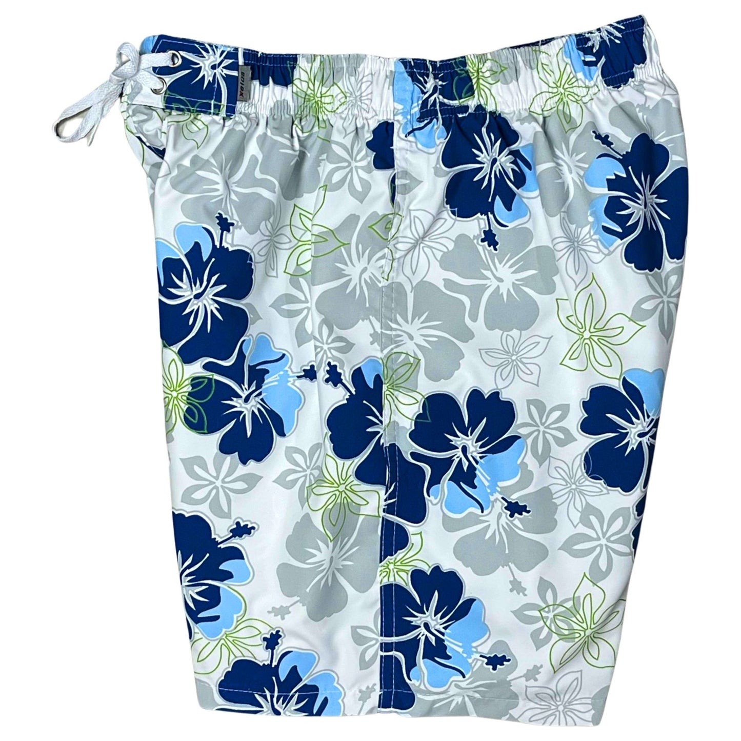 "Escape Artist" (White) Mens Elastic Waist Board Shorts - 19.5" Outseam / 7" Inseam (Blue) - Board Shorts World