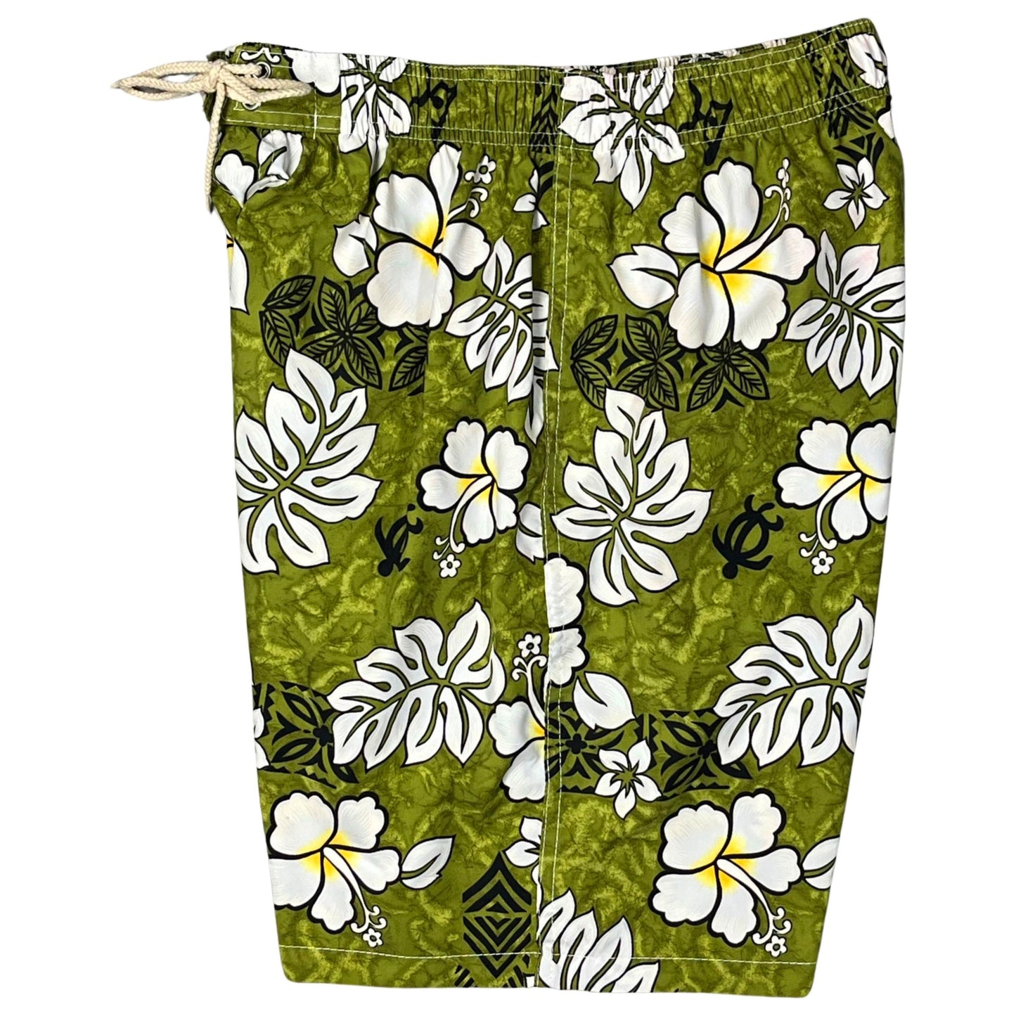 "Tribal Council" Mens Elastic Waist Board Shorts - 19.5" Outseam / 7" Inseam (Olive) - Board Shorts World