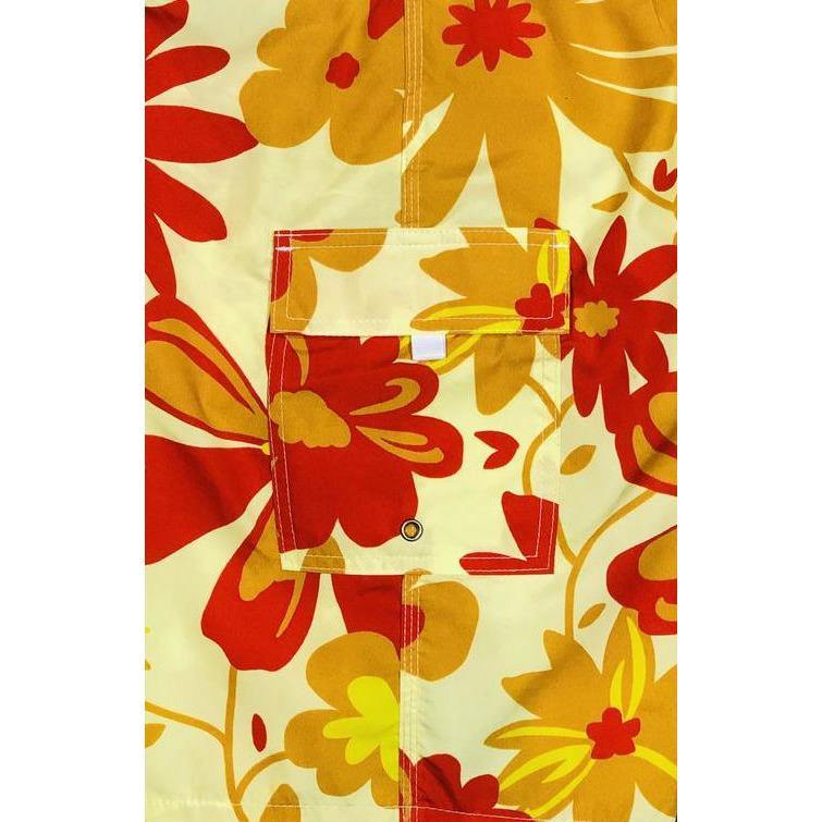 "Happy Camper" (Gold) Men's Elastic Waist Swim Trunks w/ on-seam Pockets (Select Custom Outseam 17" - 30") - Board Shorts World