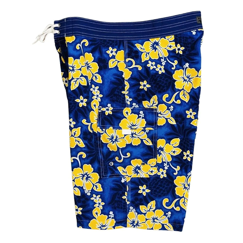**Fixed (Non Elastic) Waist Board Shorts "Pina Colada" (Blue+Yellow) Print Men's CUSTOM - Board Shorts World