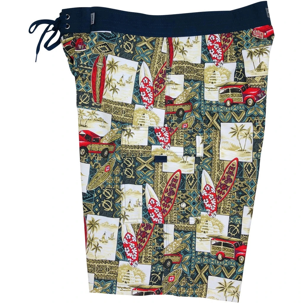 "Postcards" (Green) Double Cargo Pocket Board Shorts (Select Custom Outseam 17" - 30") - Board Shorts World