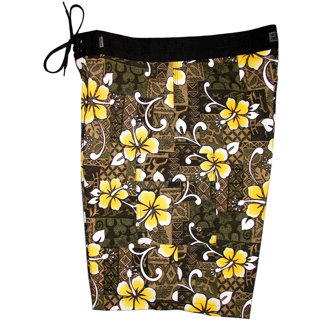 **Fixed (Non Elastic) Waist Board Shorts "Top Dog" (Olive) Print Men's CUSTOM - Board Shorts World