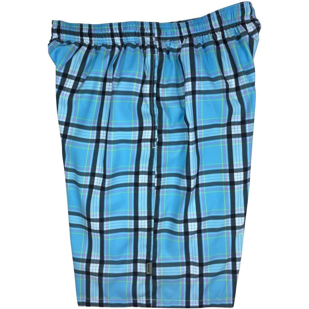 "Casual Friday" Plaid (Blue) Men's Elastic Waist Swim Trunks w/ on-seam Pockets (Select Custom Outseam 17" - 30") - Board Shorts World