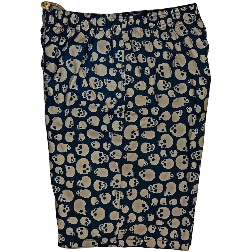 "Live to Ride" Skulls (Black+Charcoal) Men's Elastic Waist Swim Trunks w/ on-seam Pockets (Select Custom Outseam 17" - 30") - Board Shorts World