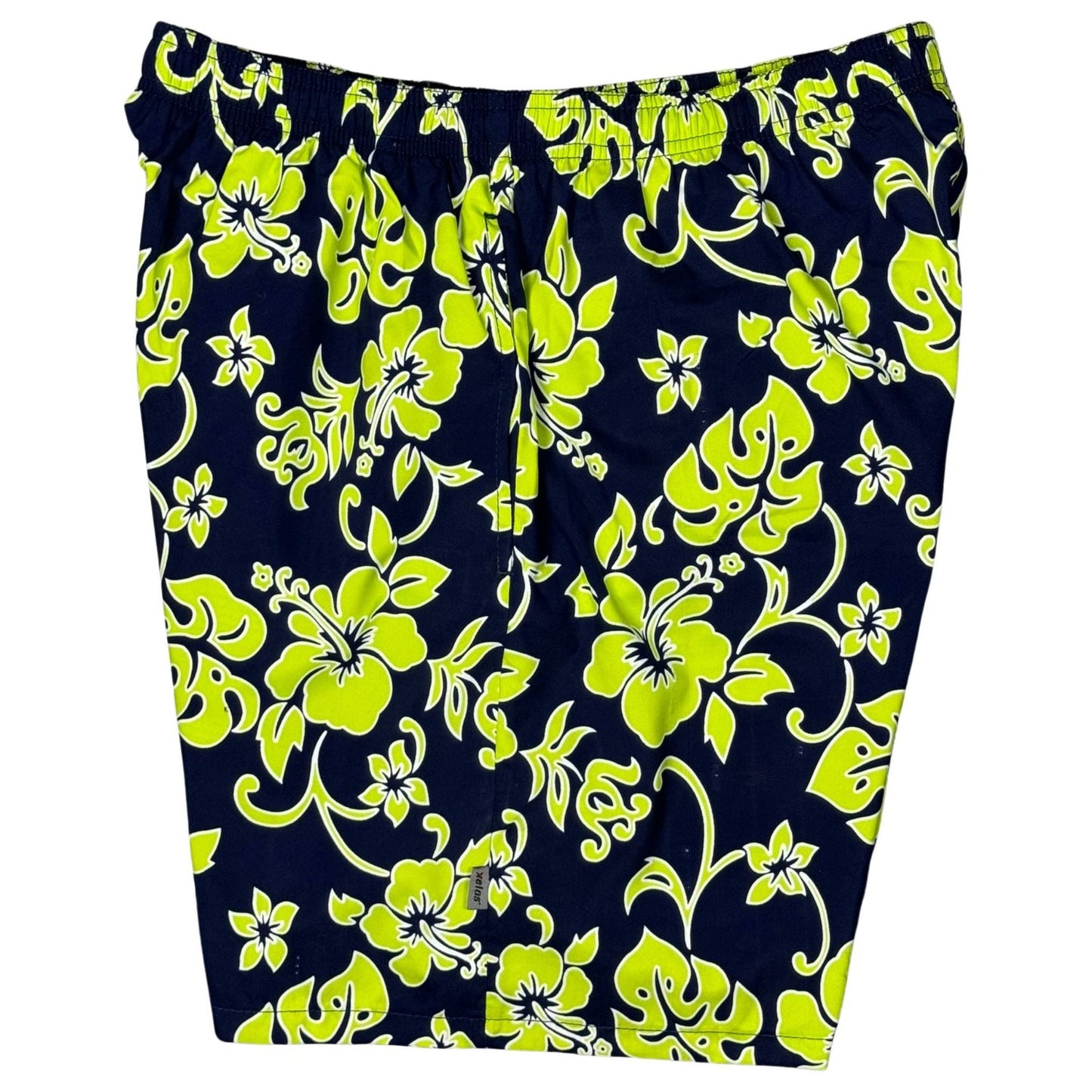 "Pure Hibiscus" (Navy + Lime) Men's Elastic Waist Swim Trunks w/ on-seam Pockets (Select Custom Outseam 17" - 30") - Board Shorts World