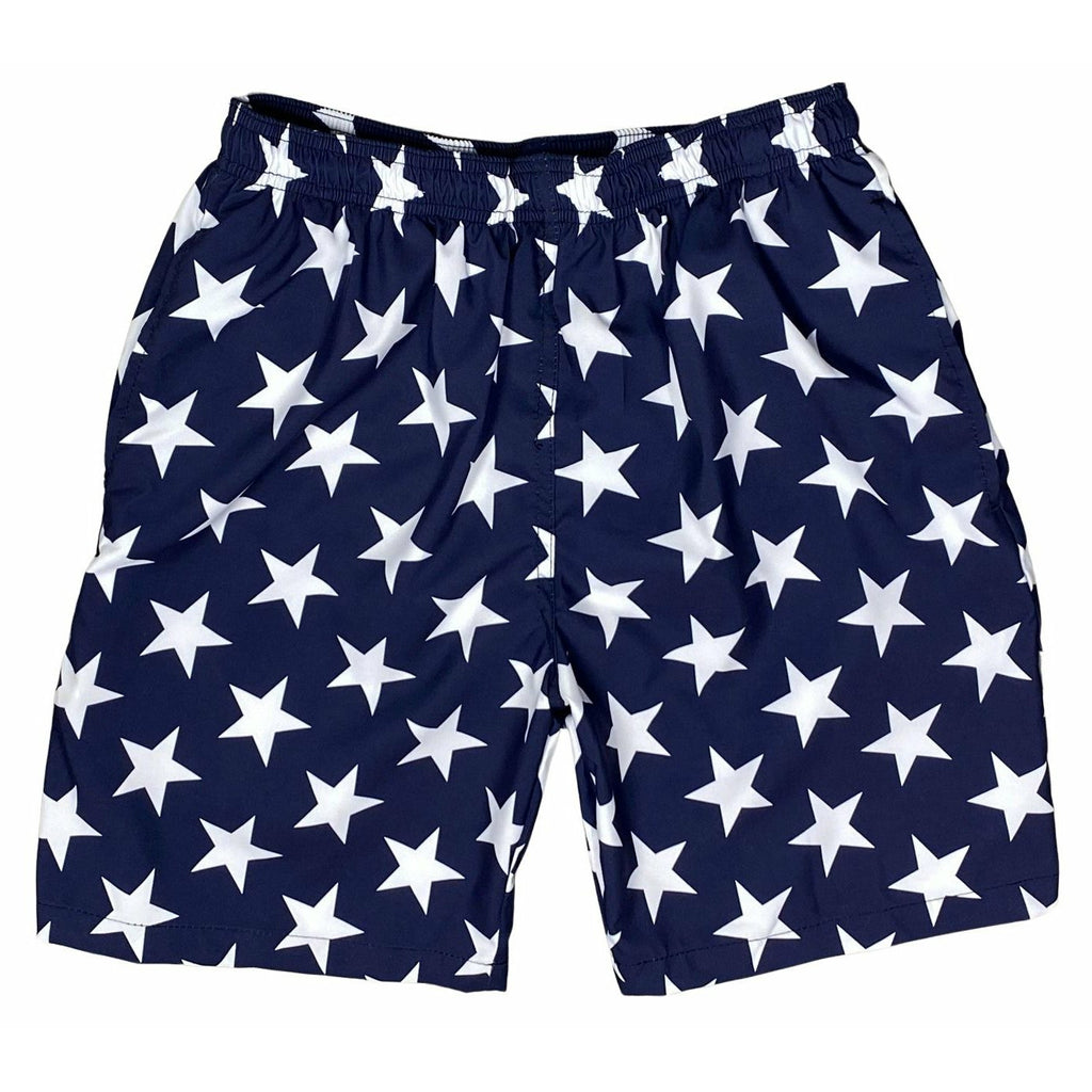 "Star Struck" (Navy) Men's Elastic Waist Swim Trunks w/ on-seam Pockets (Select Custom Outseam 17" - 30") - Board Shorts World