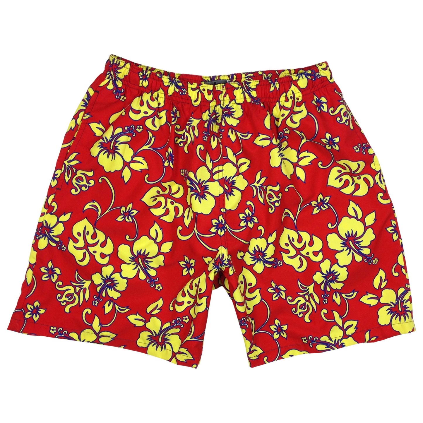 "Warming Trend" (Red + Yellow) Men's Elastic Waist Swim Trunks w/ on-seam Pockets (Select Custom Outseam 17" - 30") - Board Shorts World