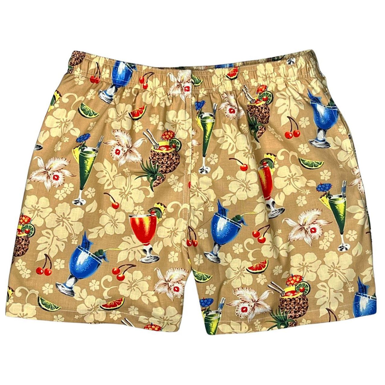 "Hurry Sundown" (Tan) Mens Swim Trunks (with mesh liner) - 17" Outseam / 4.5" Inseam - Board Shorts World