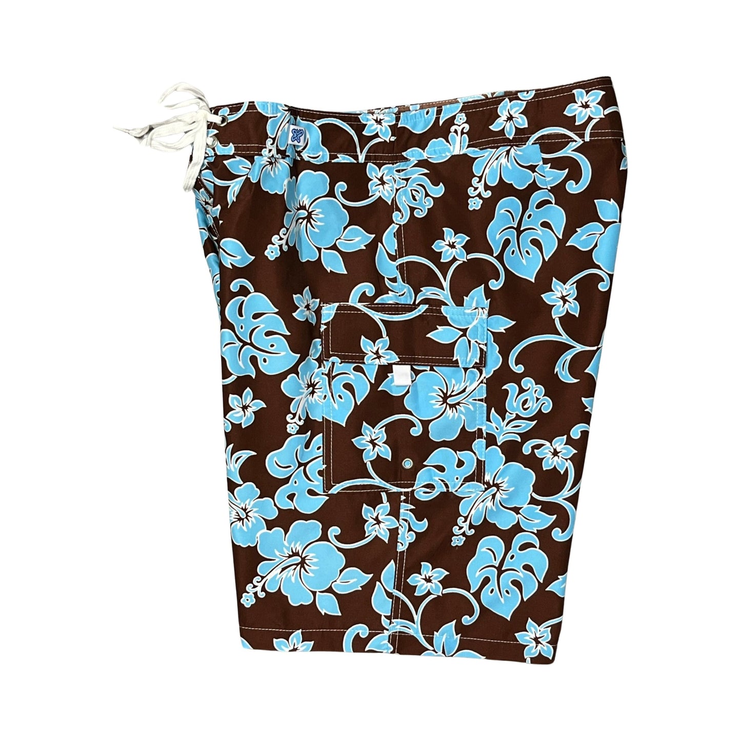 "Pure Hibiscus" Womens Board Shorts - Regular Rise / 10.5" Inseam (Brown+Blue) - Board Shorts World