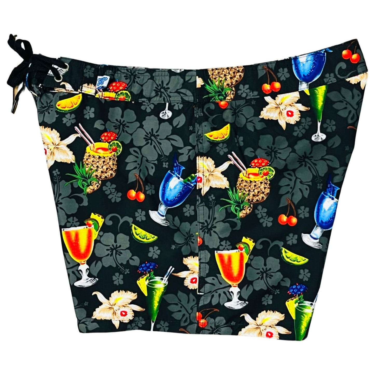 "Hurry Sundown" Cocktails Print Women's Board Shorts - Regular Rise / 5" Inseam (Black) - Board Shorts World