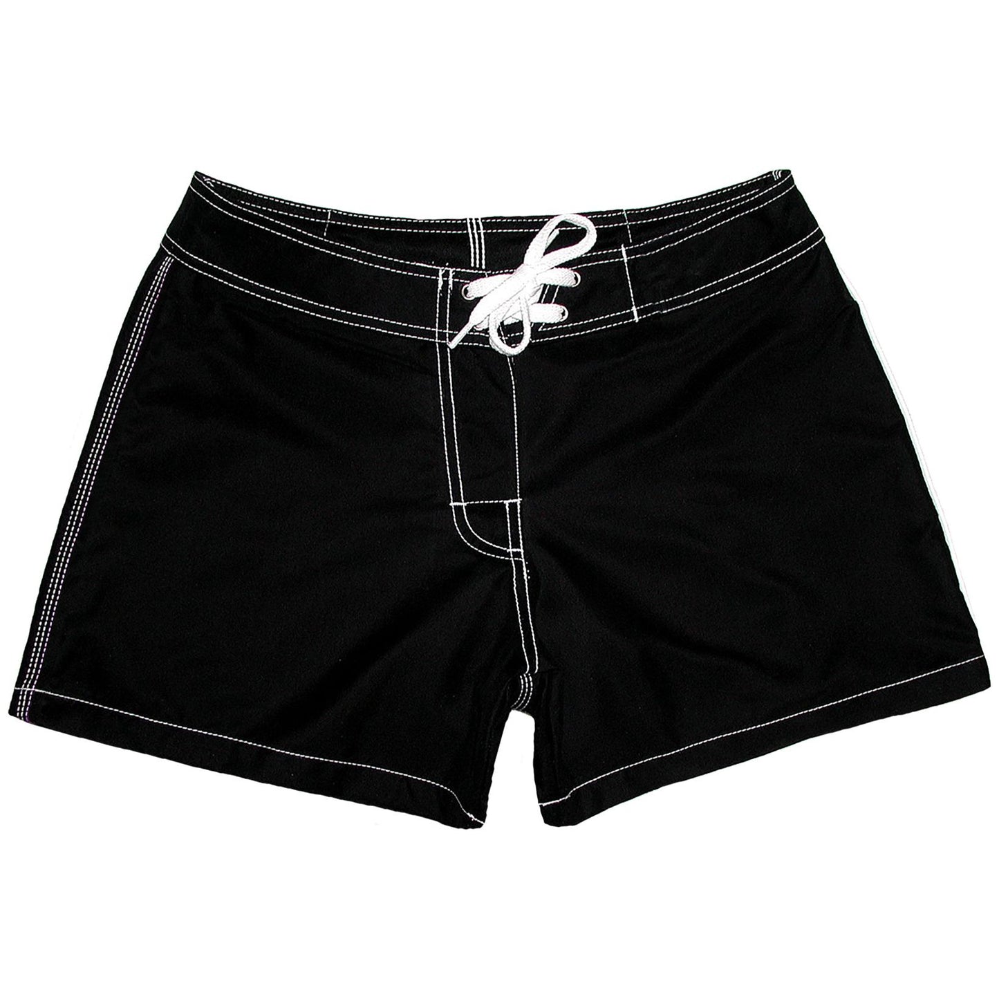 Women's Board Shorts - Regular Rise / 5" Inseam. Black Solid + White Stitching. - Board Shorts World