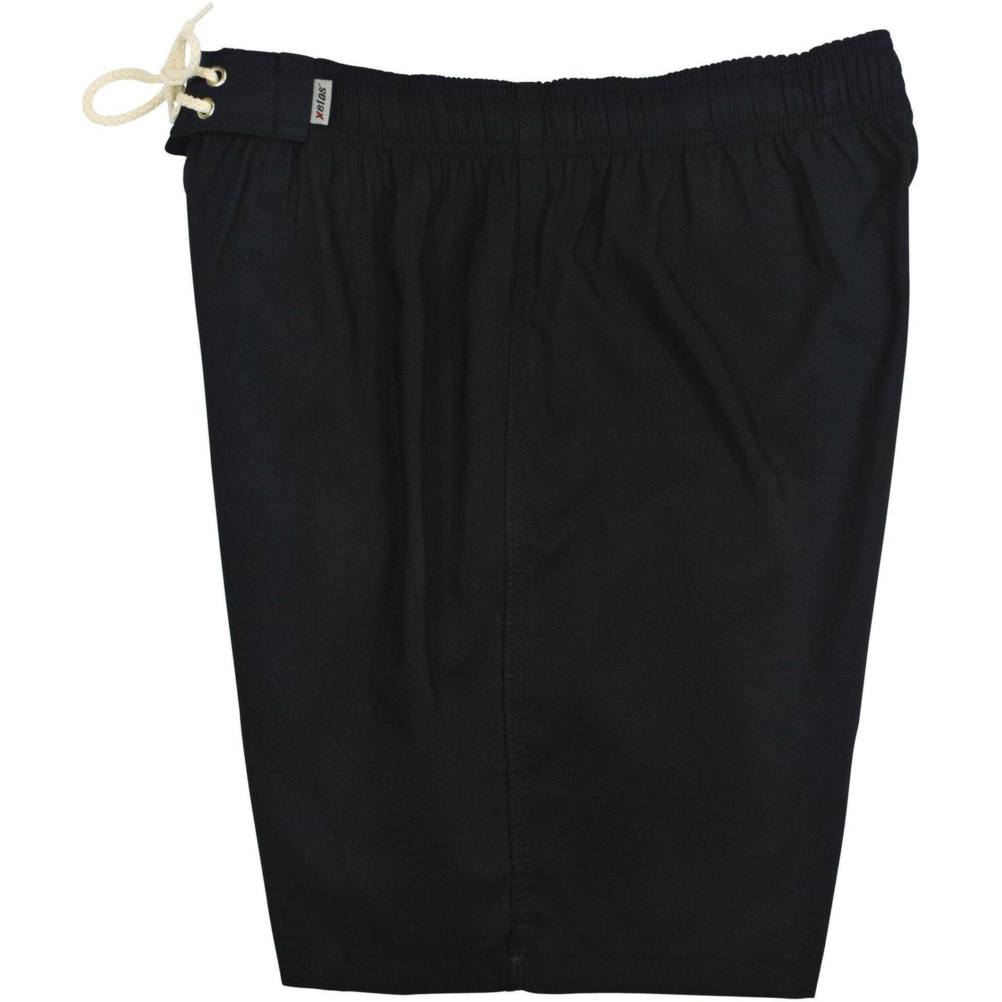 Solid Men's Elastic Waist Board Shorts - 19.5" Outseam / 7" Inseam. Black + Black Stitching. - Board Shorts World