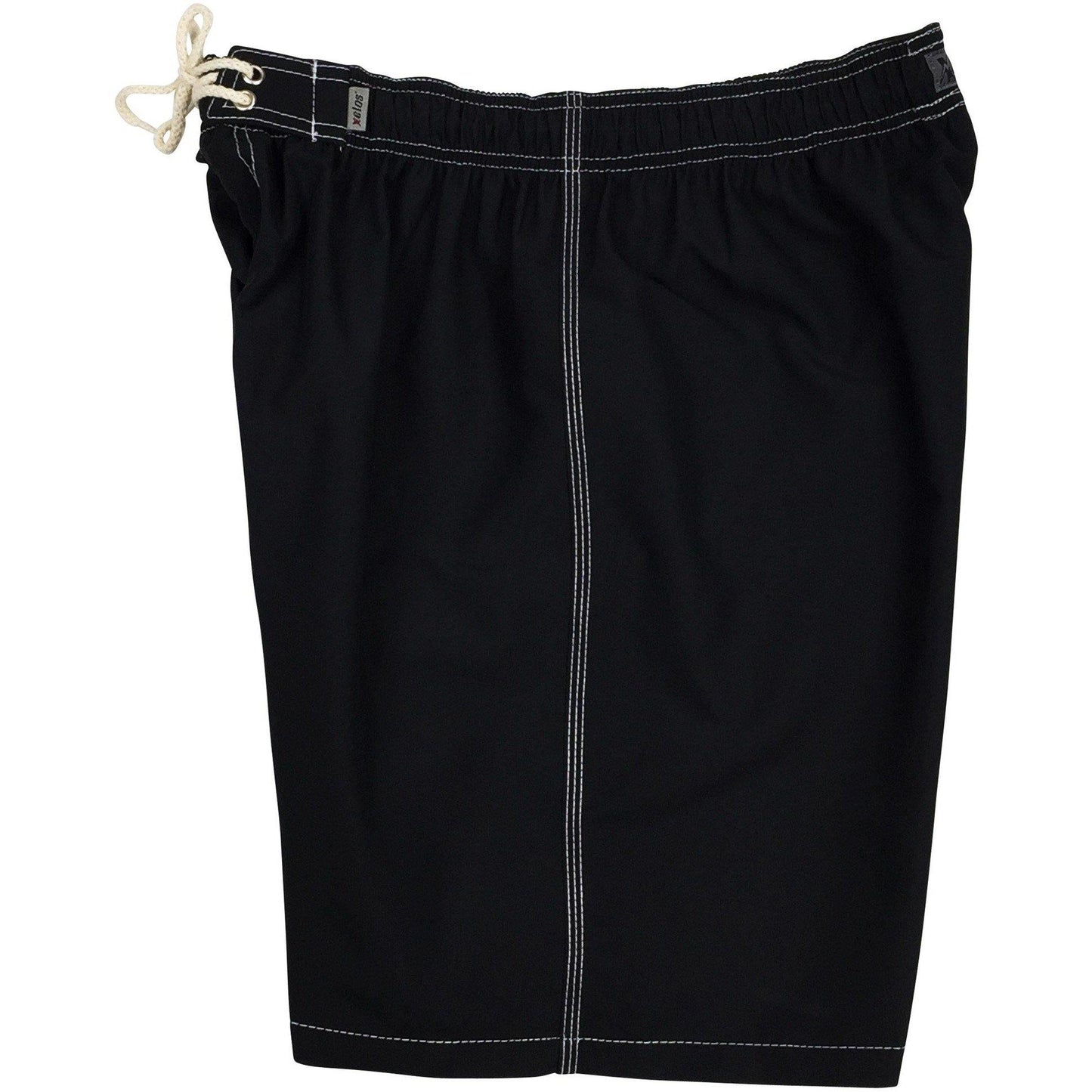 "A Solid Color" Mens Elastic Waist Board Shorts - 19.5" Outseam / 7" Inseam (Black+White Stitching) - Board Shorts World