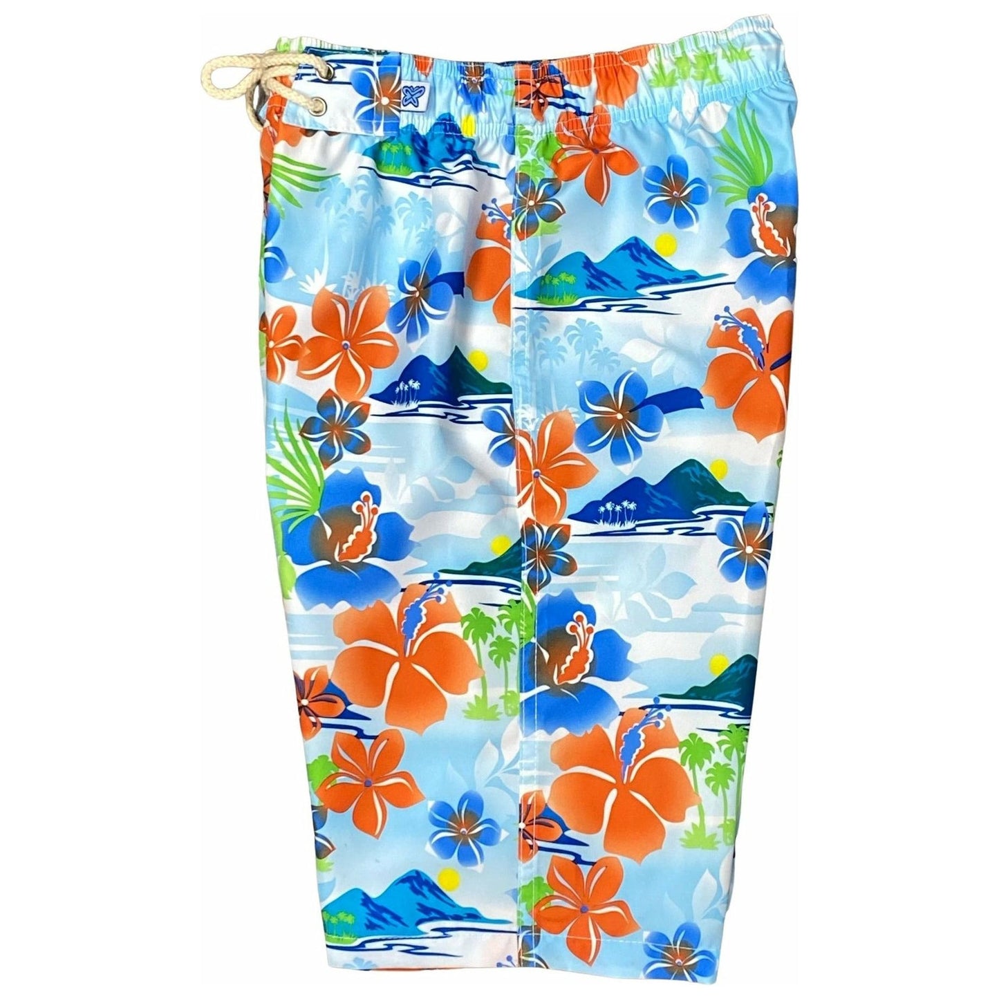 "2 Tickets to Paradise" (Orange) Elastic Waist Board Shorts. Regular or High Rise/Waist. Women's CUSTOM - Board Shorts World