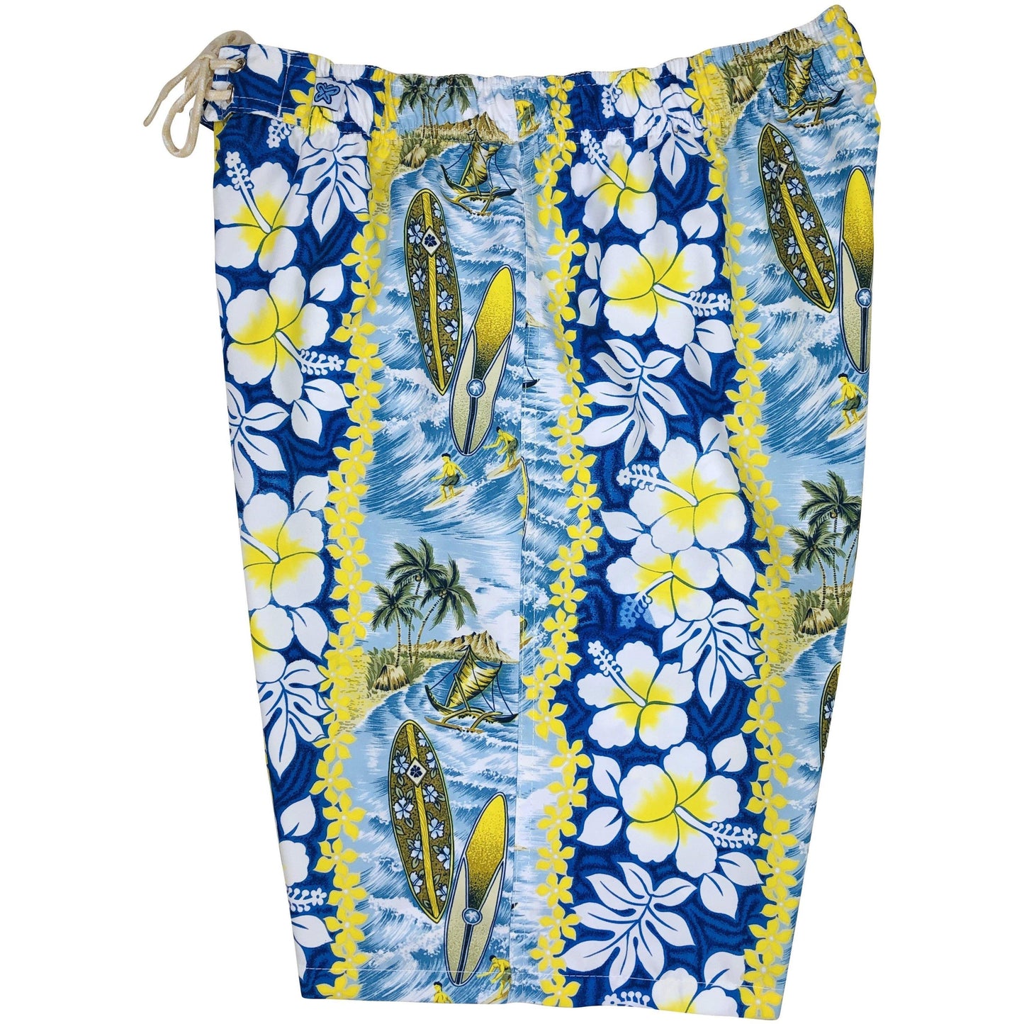 "Bonus Round" (Blue) Womens Elastic Waist Swim Board Shorts. REGULAR Rise + 11" Inseam - Board Shorts World