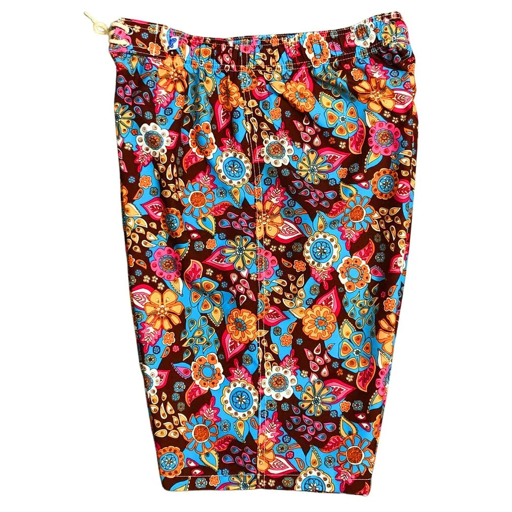 "Carnival" Womens Elastic Waist Swim Board Shorts. HIGH Rise + 11" Inseam (Brown) - Board Shorts World