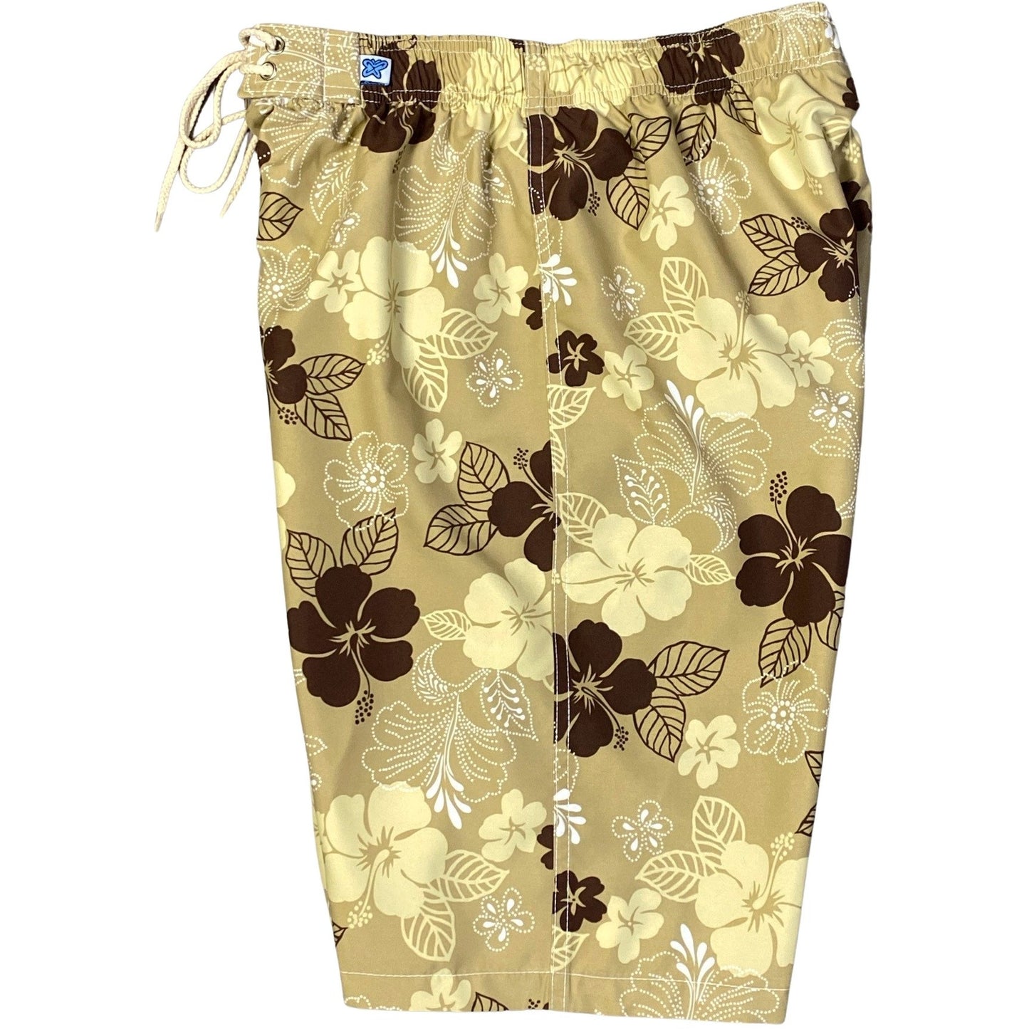 "Dew Drops" Womens Elastic Waist Swim Board Shorts. HIGH Rise + 11" Inseam (Tan) - Board Shorts World