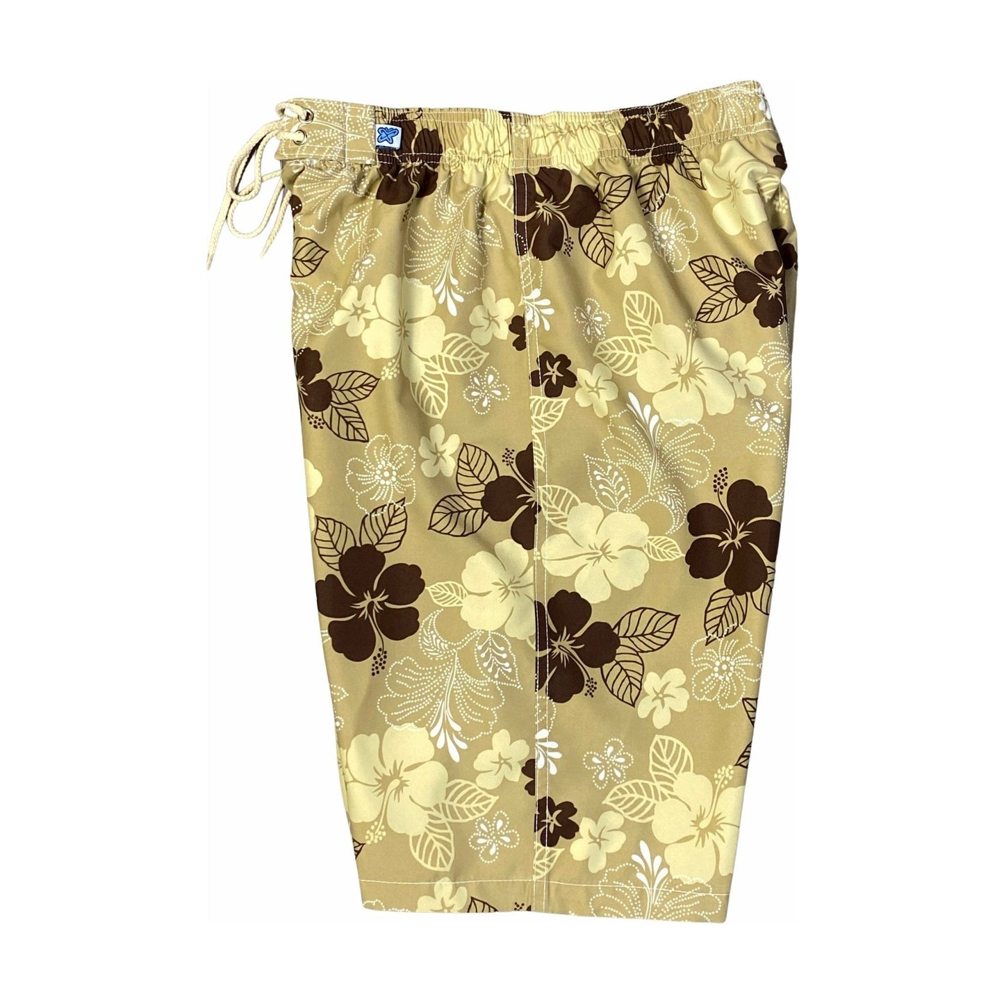 "Dew Drops" (Tan) Elastic Waist Board Shorts. Regular Rise or High Waist. Women's CUSTOM - Board Shorts World