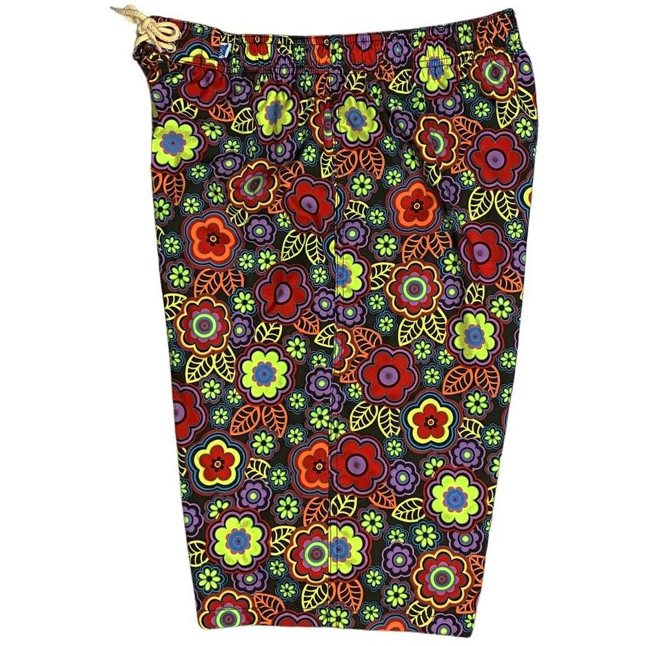 "Groovapalooza" Womens Elastic Waist Swim Board Shorts. REGULAR Rise + 11" Inseam (Black) - Board Shorts World