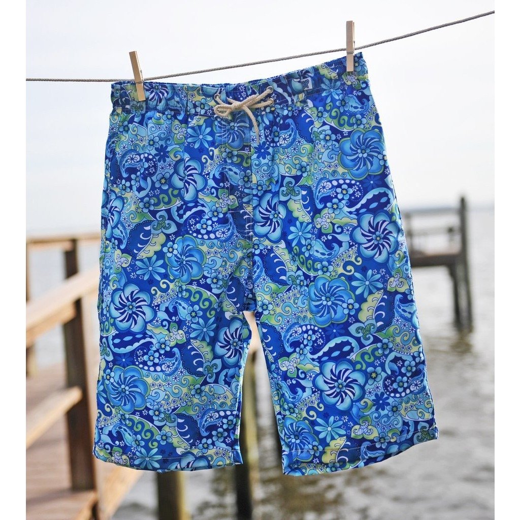 "Lucy in the Sky" (Blue) Elastic Waist Board Shorts. Regular Rise or High Waist. Women's CUSTOM - Board Shorts World