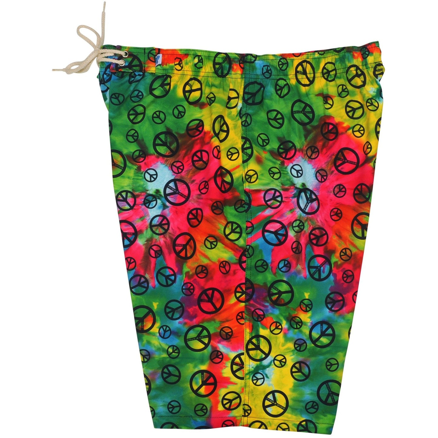 "Sign Language" Tie Dye + Peace Signs Womens Elastic Waist Swim Board Shorts. REGULAR Rise + 11" Inseam - Board Shorts World