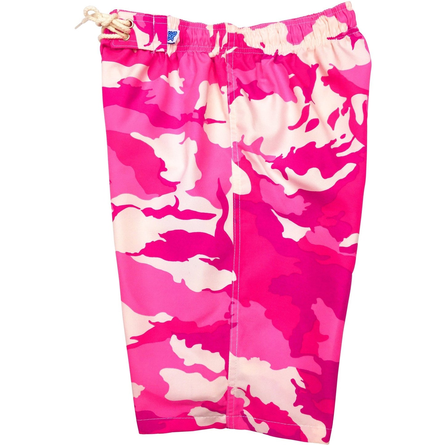"Stealth Fanatic" Camo Print Womens Elastic Waist Swim Board Shorts. REGULAR Rise + 11" Inseam (Pink, Charcoal, Traditional, or Sand+Baby Blue) - Board Shorts World - 1