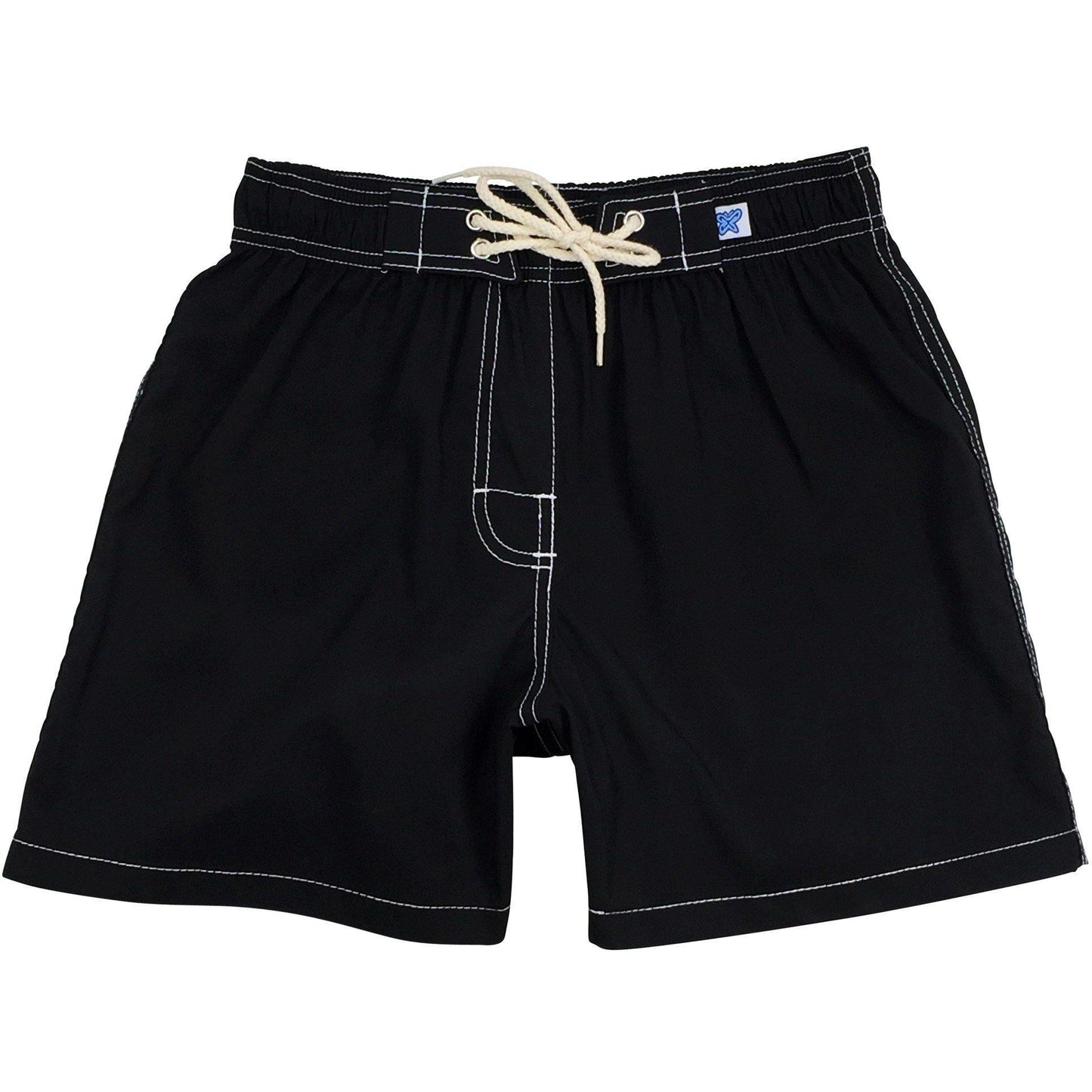 " A Solid Color" Womens Elastic Waist Board (Swim) Shorts. HIGH Waist/Rise + 5" Inseam (Black+White stitching) - Board Shorts World