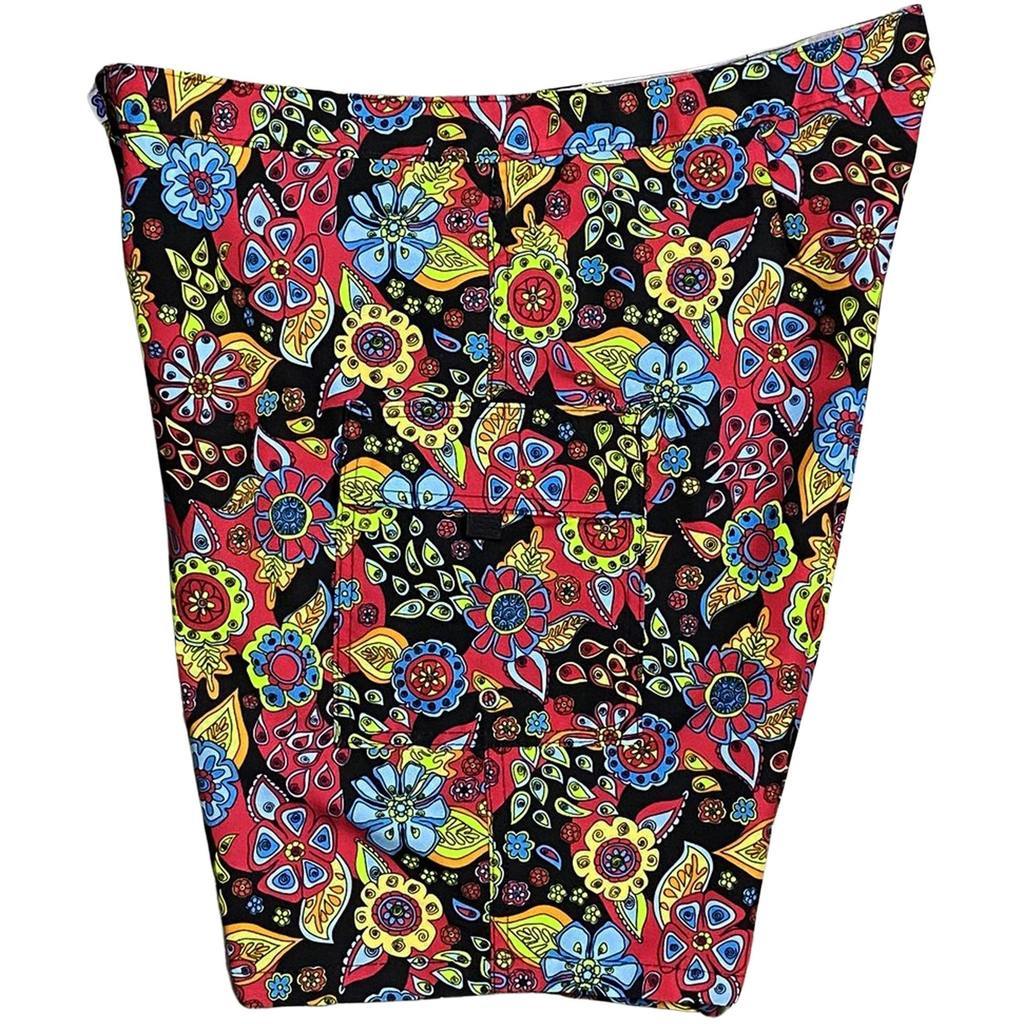 Lower Rise NON-Elastic Waist Board Shorts. "Carnival" (Black). Womens CUSTOM - Board Shorts World