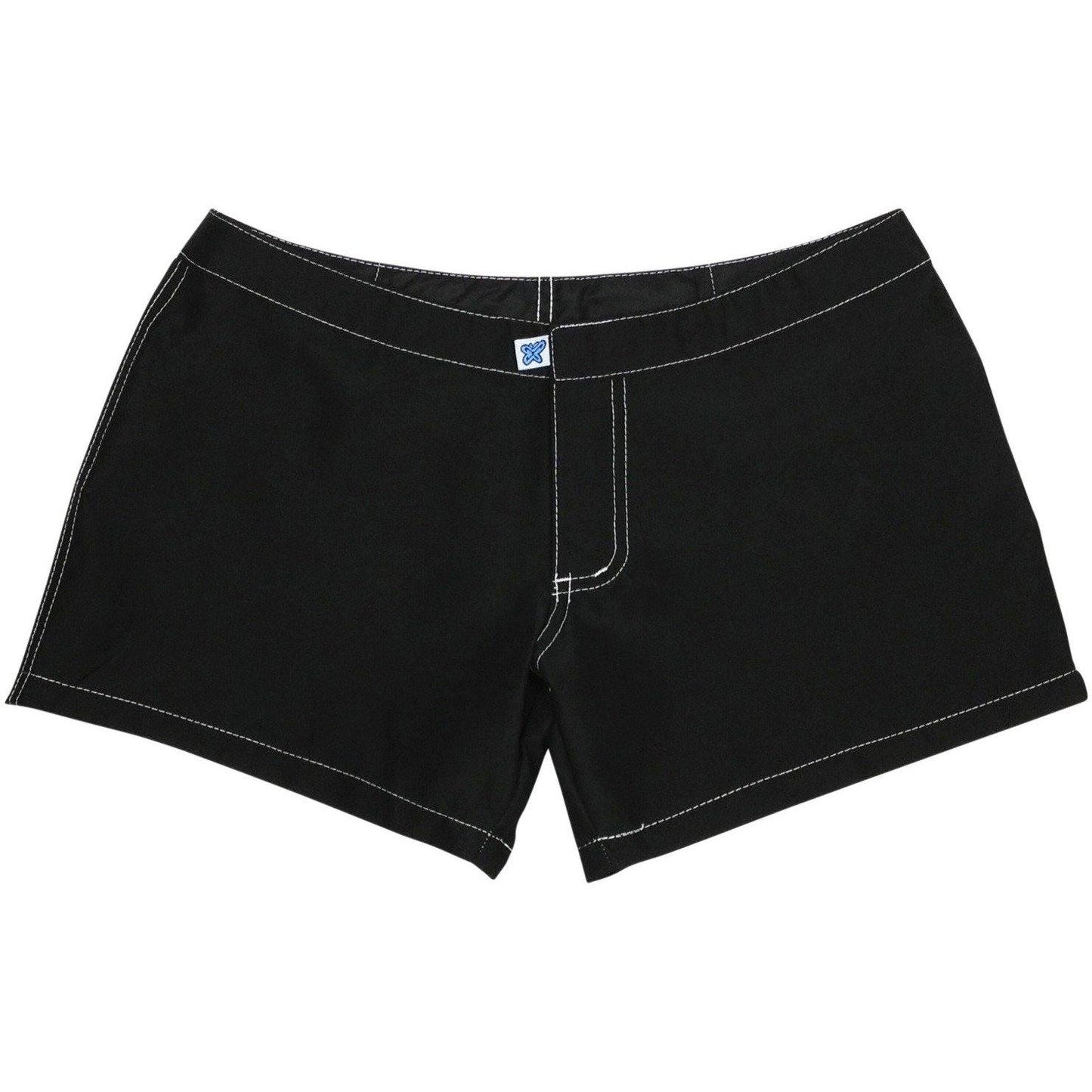 A Solid Color Womens Board/Swim Shorts - 4" inseam (Black+White Stitch) - Board Shorts World