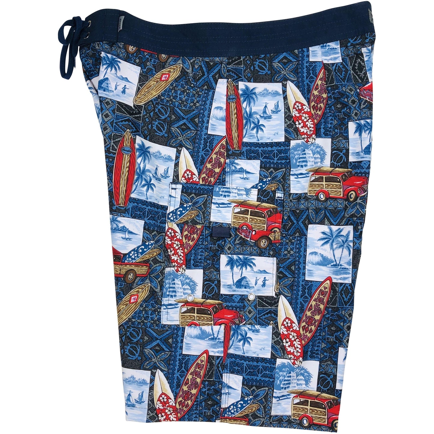 Fixed (Non Elastic) Waist Board Shorts "Postcard" (Blue) Print Mens CUSTOM - Board Shorts World