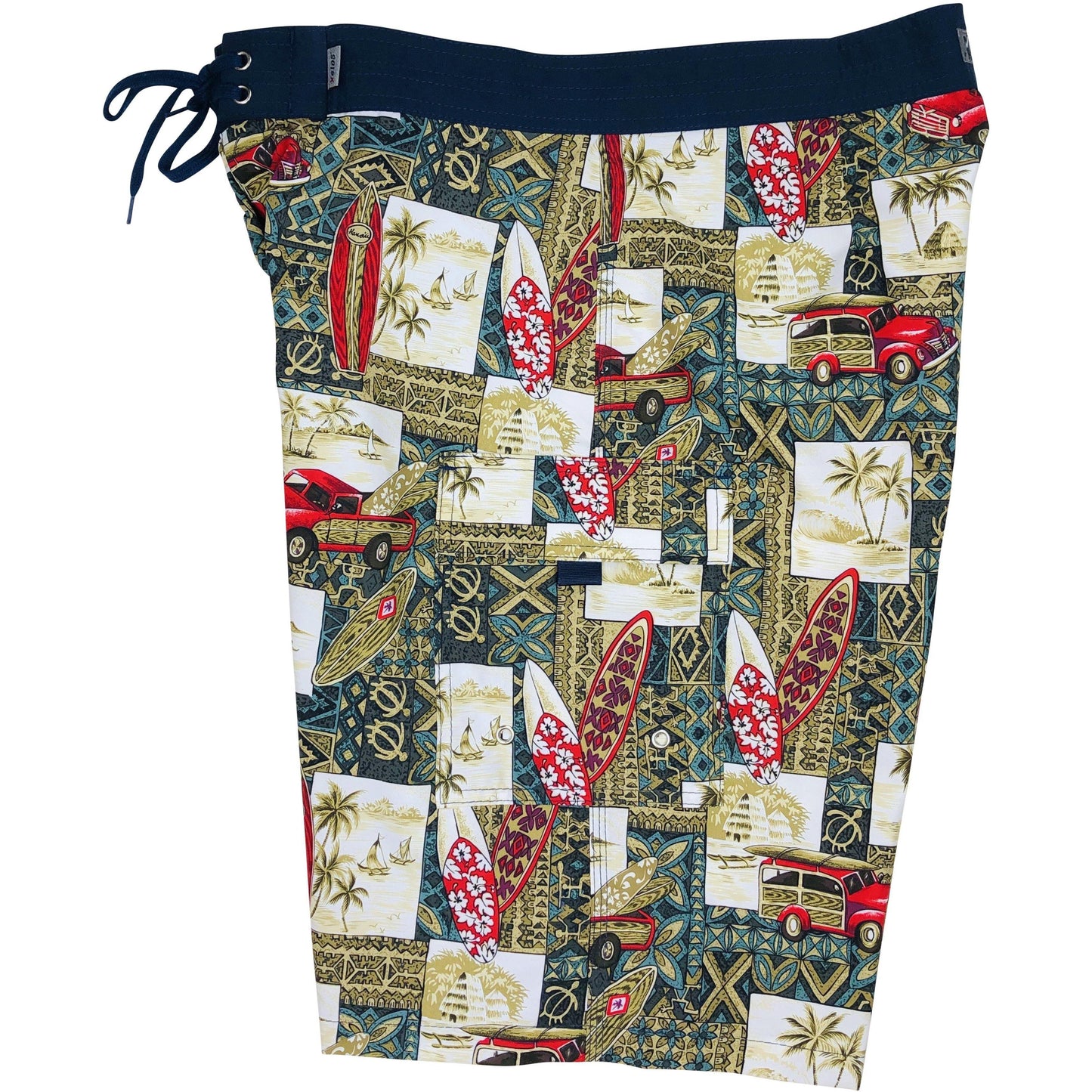 Fixed (Non Elastic) Waist Board Shorts "Postcard" (Sea Green) Print Mens CUSTOM - Board Shorts World