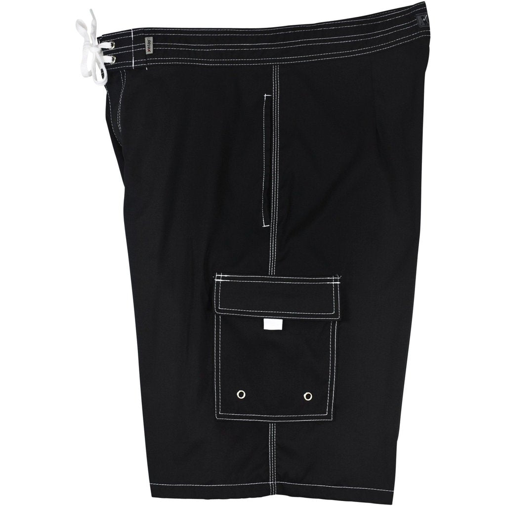"Pack Rat" Solid (Black + Contrast White Stitching) Color Men's 4-Pocket (Double Cargo + Side Seam Pockets / Select Custom Outseam 17" - 30") - Board Shorts World