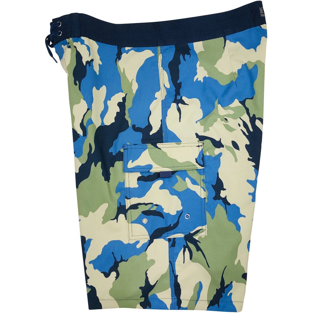 "Stealth Fanatic" Camo Boys + Girls Board Shorts. 8" Inseam / 18.5" Outseam (Sand+Baby Blue) - Board Shorts World