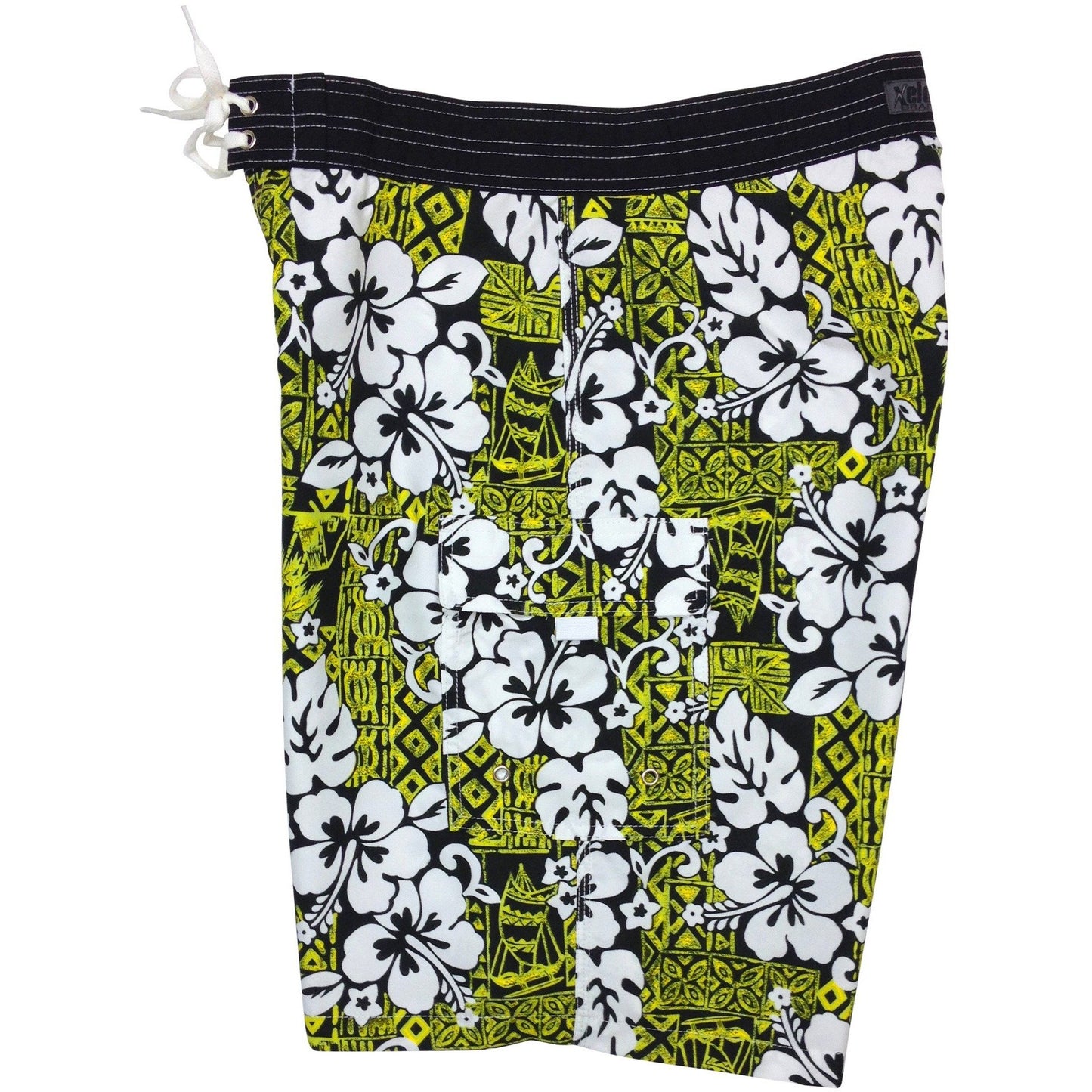 **Fixed (Non Elastic) Waist Board Shorts "Tiki Village" (Chartreuse) Print Mens CUSTOM - Board Shorts World