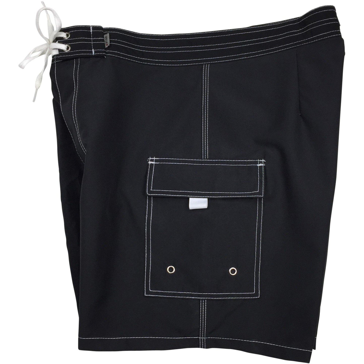 "A Solid Color" Mens Board Shorts w/ Dual Cargo Pockets. 17.5" Outseam / 5" Inseam (Black+White Stitching) - Board Shorts World