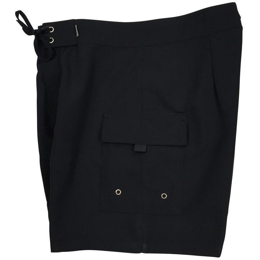 "A Solid Color" Mens Board Shorts w/ Dual Cargo Pockets. 17.5" Outseam / 5" Inseam (Black+Black Stitching) - Board Shorts World