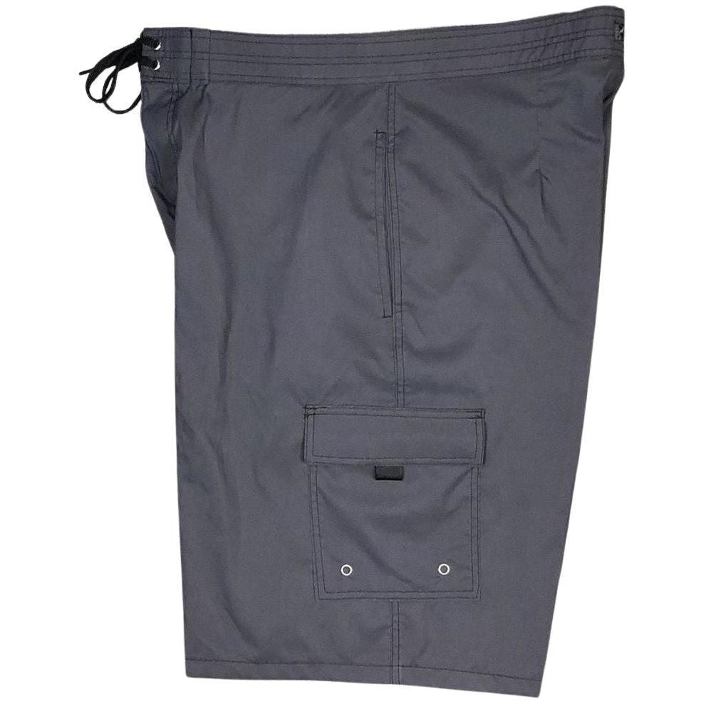 "Pack Rat" Solid Color (Charcoal) Men's 4-Pocket (Double Cargo + Side Seam Pockets) Board Shorts (Select Custom Outseam 17" - 30") - Board Shorts World