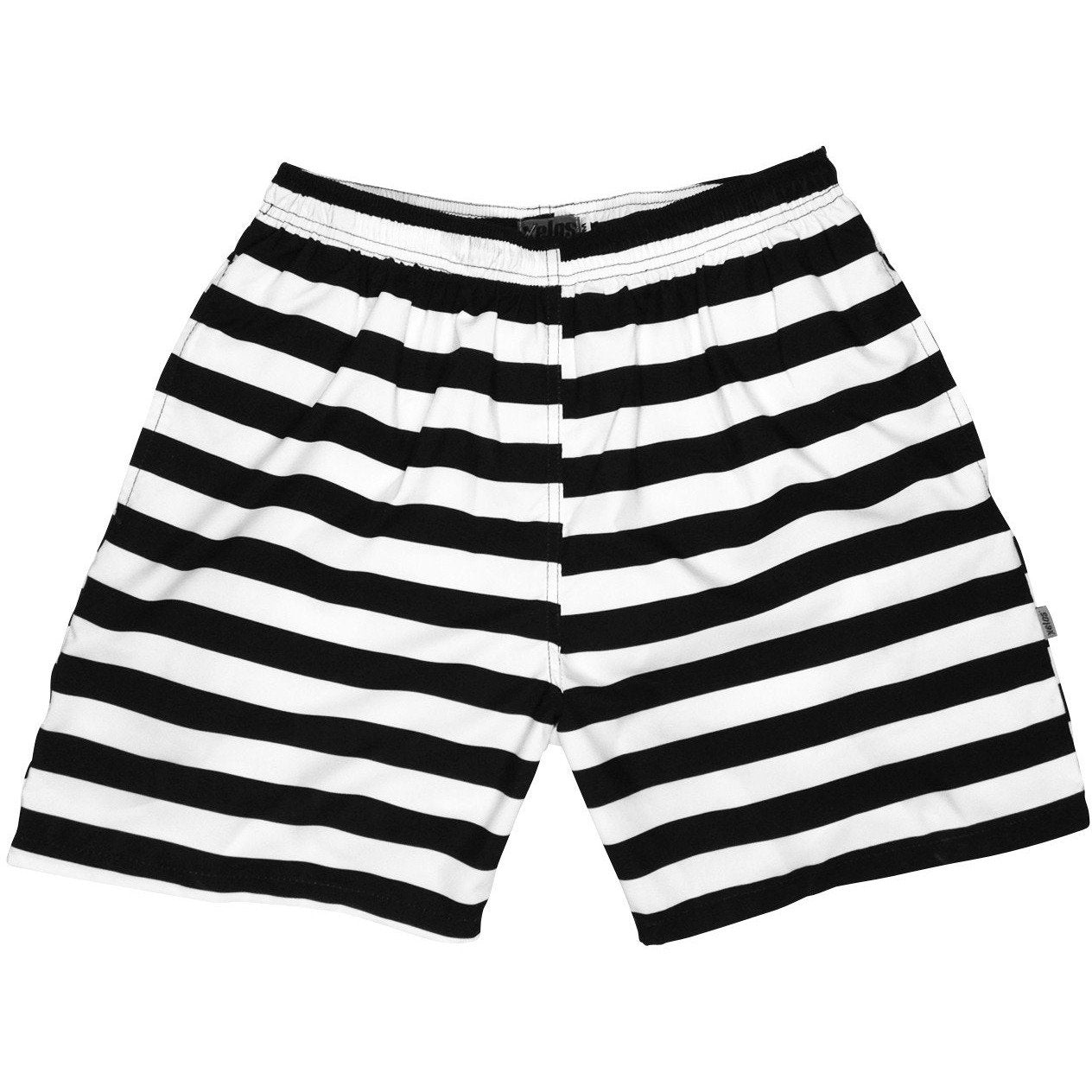 "Jail Bird" Mens (6.5" Inseam / 19" Outseam) Swim Trunks (Black+White OR Red+White) - Board Shorts World