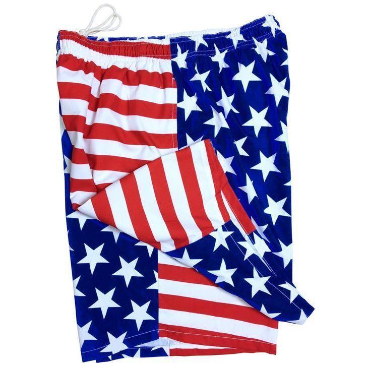 Stars + Stripes Men's Elastic Waist Swim Trunks w/ on-seam Pockets (Select Custom Outseam 17" - 30") - Board Shorts World