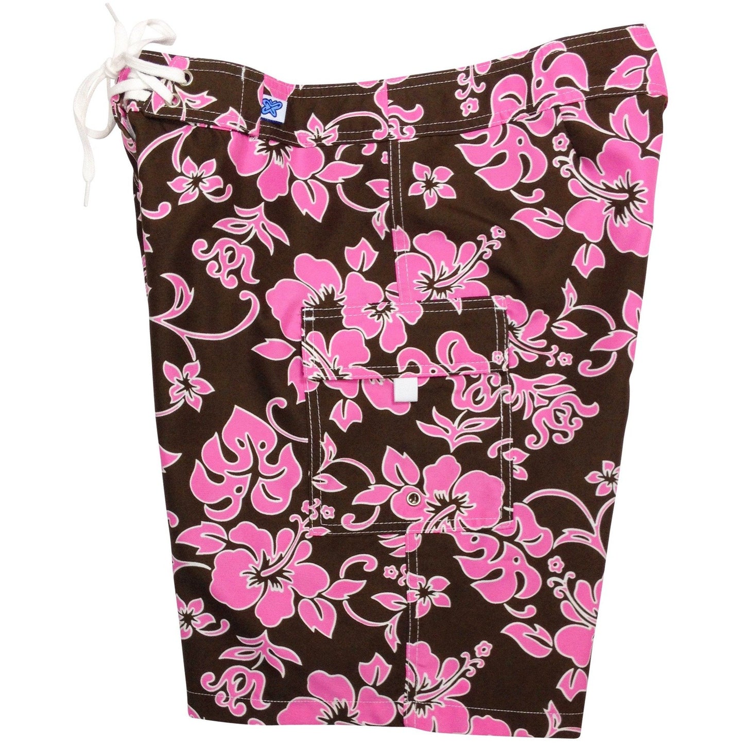 "Pure Hibiscus" Girls Board (Swim) Shorts - 8.5" Inseam (Brown+Blue or Brown+Pink) *SALE* - Board Shorts World