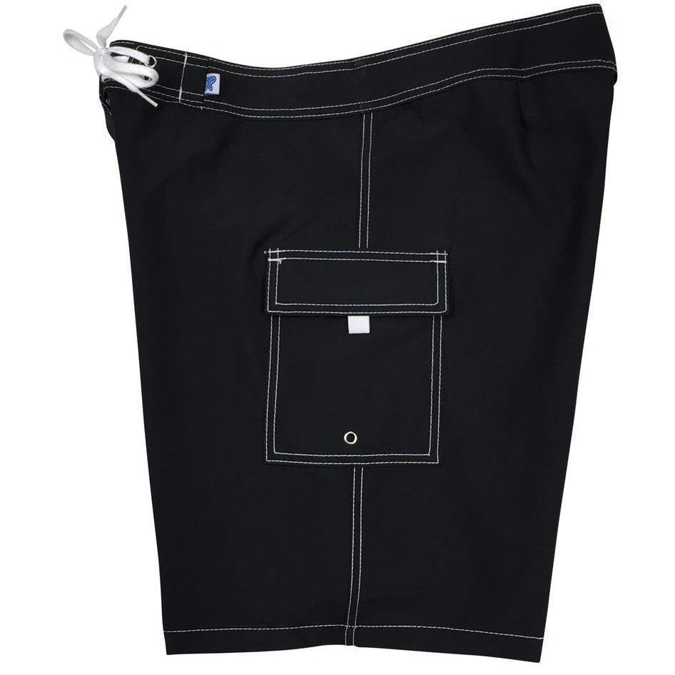 Women's Solid Board Shorts - Regular Rise / 10.5" Inseam. Black + White Stitching. - Board Shorts World