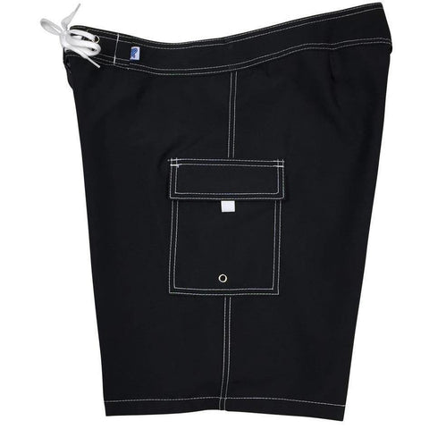 ""A Solid Color" BEST SELLING Women's Board Shorts - Regular Rise / 10.5" Inseam (Black+White Stitching) - Board Shorts World