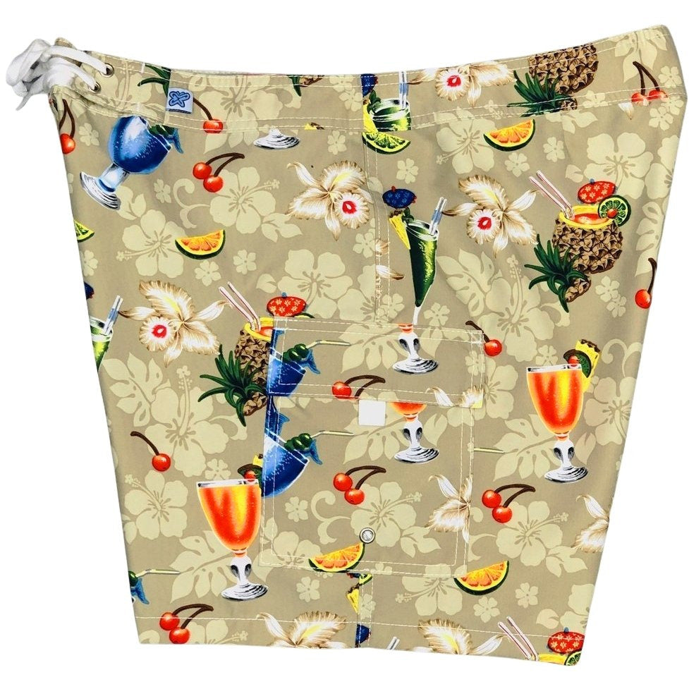 "Hurry Sundown" Tropical Drinks Womens Board Shorts - Regular Rise / 7" Inseam - Board Shorts World