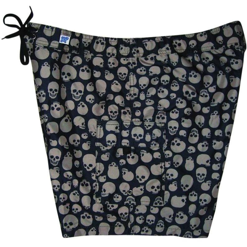 "Live to Ride" Skulls Print Womens Board Shorts - Regular Rise / 7" Inseam (Black+Charcoal) - Board Shorts World