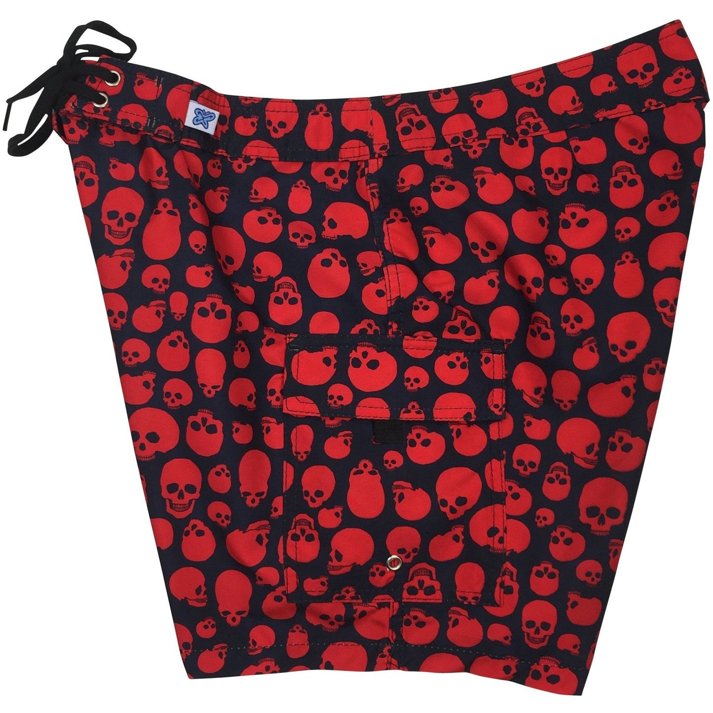 Fixed (Non Elastic) Waist Womens Board Shorts "Live to Ride" Skulls (Black+Red) * CUSTOM * - Board Shorts World