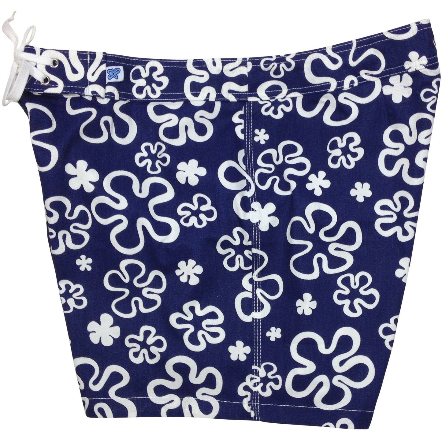 "Flower Power" (Blue) Build-Your-Own 100% Cotton Women's NON- Elastic Swim (Board) Shorts - Board Shorts World