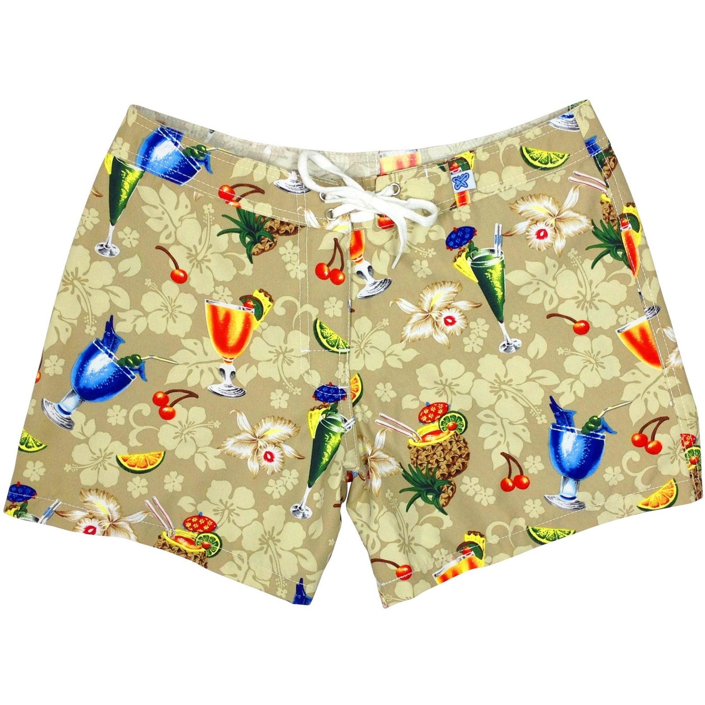 "Hurry Sundown" Cocktails Print Women's Board Shorts - Regular Rise / 5" Inseam - Board Shorts World