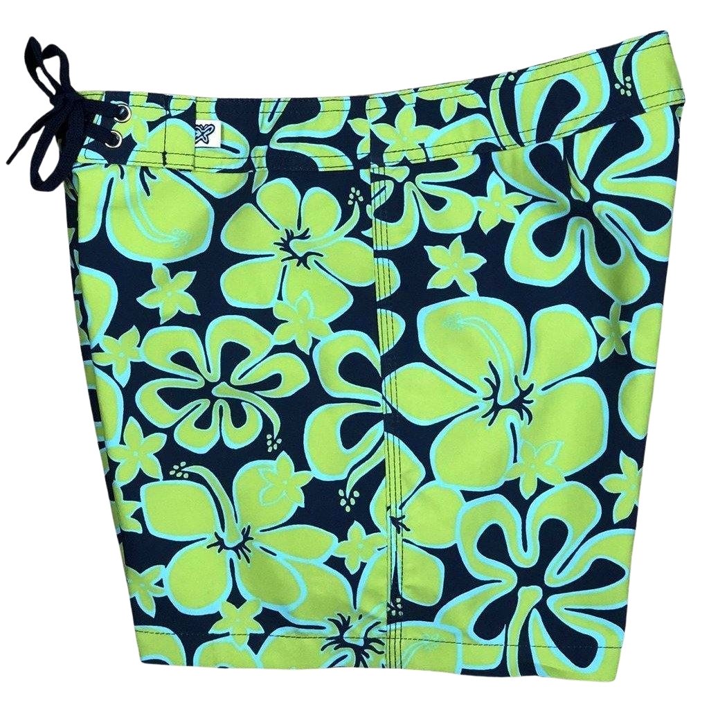 Fixed (Non Elastic) Waist Womens Board Shorts "re-Boot Camp" (Navy+Green) * CUSTOM * - Board Shorts World